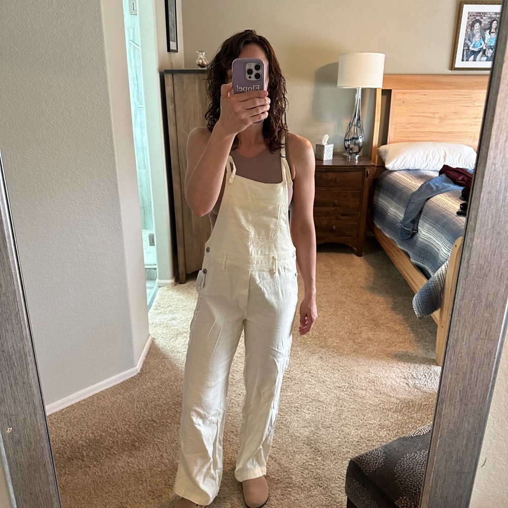 American Eagle Outfitters Cream Cotton Overalls